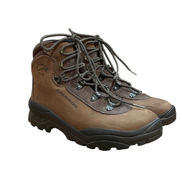 Womens Salomon Outdoor Hiking Boots Brown Leather Contagrip 8.5 Great Condition - Picture 2 of 7